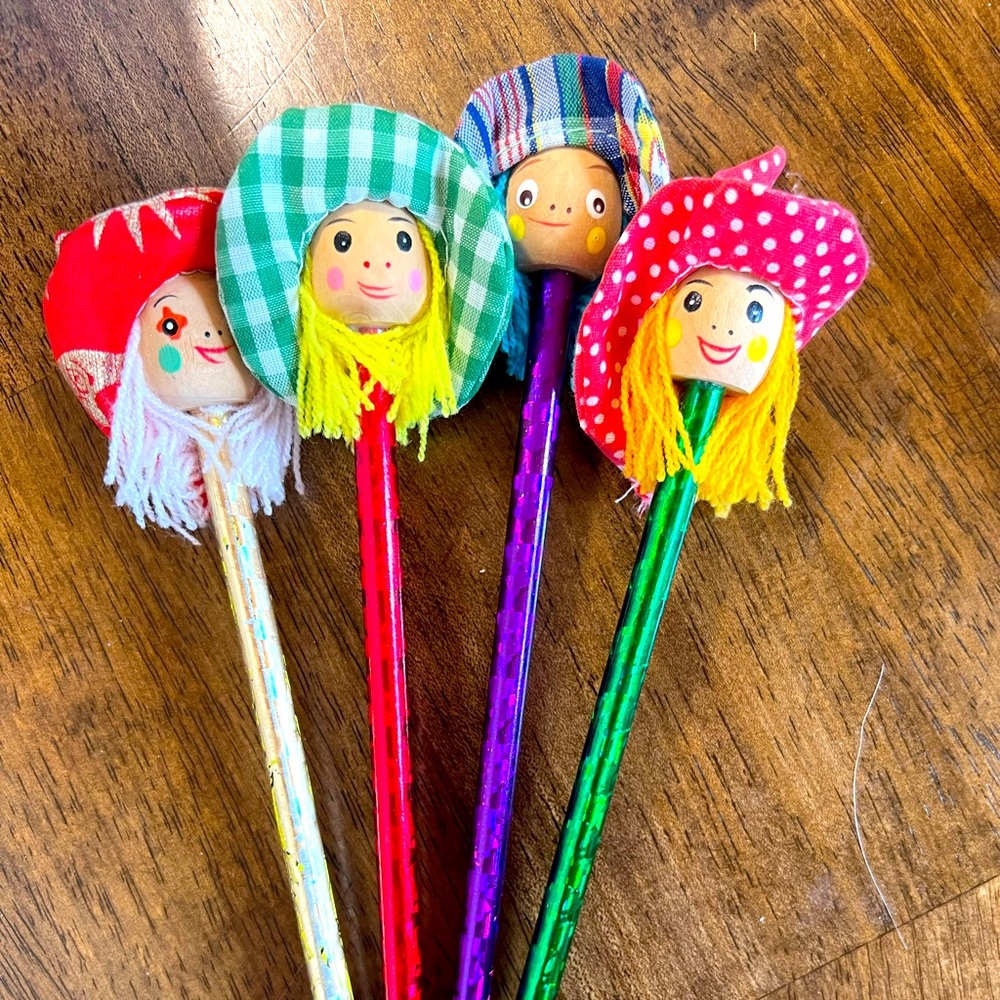 NEW vintage bundle of 4 Wooden Character Pencils
